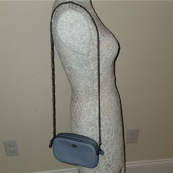 Coach Leather Double Zip Crossbody Purse Handbag w Chain Strap - Pool Blue - Picture 3 of 10